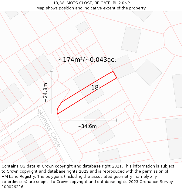 18, WILMOTS CLOSE, REIGATE, RH2 0NP: Plot and title map