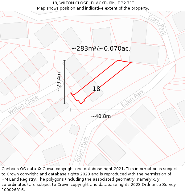 18, WILTON CLOSE, BLACKBURN, BB2 7FE: Plot and title map