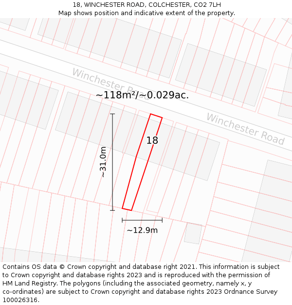 18, WINCHESTER ROAD, COLCHESTER, CO2 7LH: Plot and title map