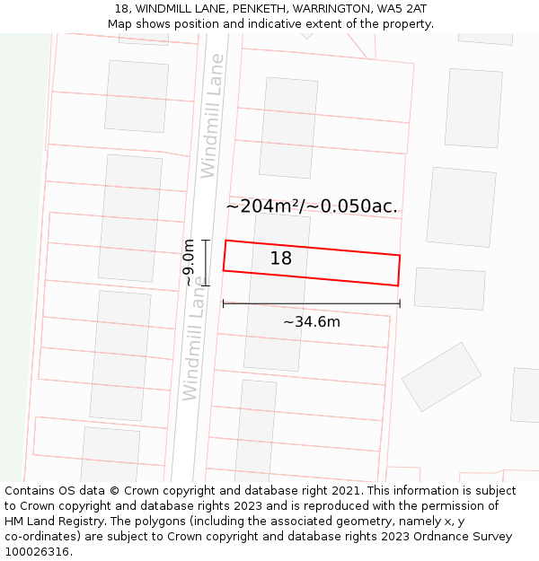 18, WINDMILL LANE, PENKETH, WARRINGTON, WA5 2AT: Plot and title map