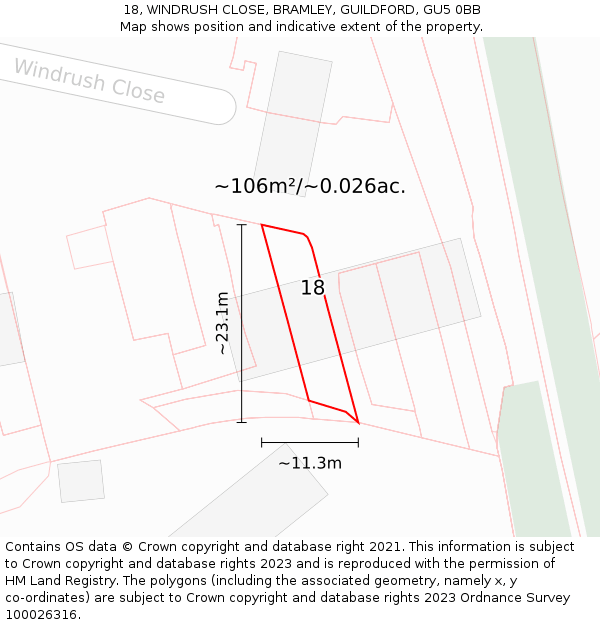 18, WINDRUSH CLOSE, BRAMLEY, GUILDFORD, GU5 0BB: Plot and title map