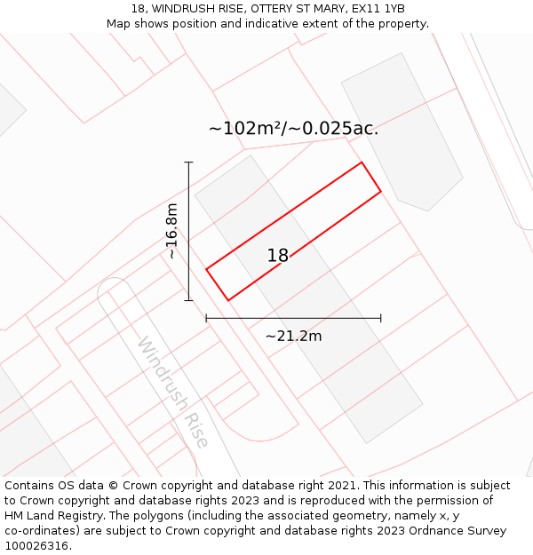 18, WINDRUSH RISE, OTTERY ST MARY, EX11 1YB: Plot and title map