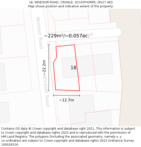 18, WINDSOR ROAD, CROWLE, SCUNTHORPE, DN17 4ES: Plot and title map