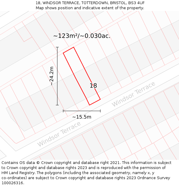 18, WINDSOR TERRACE, TOTTERDOWN, BRISTOL, BS3 4UF: Plot and title map
