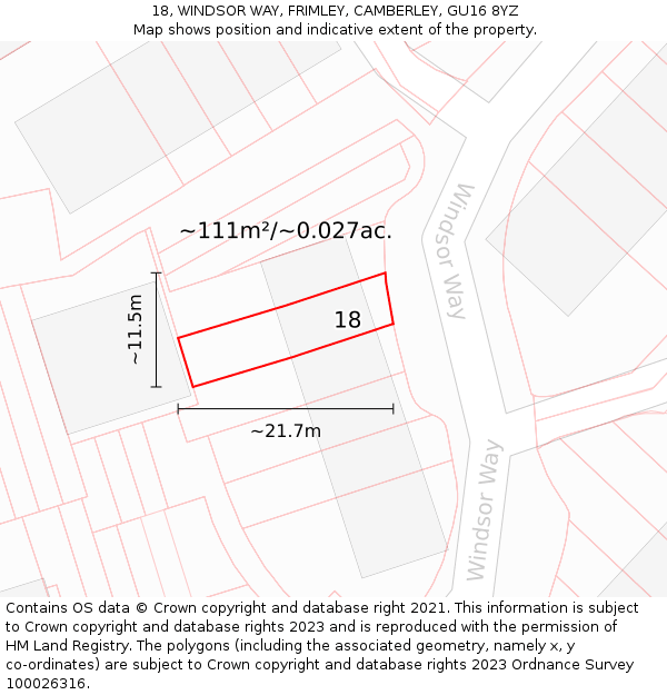 18, WINDSOR WAY, FRIMLEY, CAMBERLEY, GU16 8YZ: Plot and title map