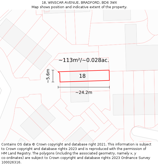 18, WINSCAR AVENUE, BRADFORD, BD6 3WX: Plot and title map