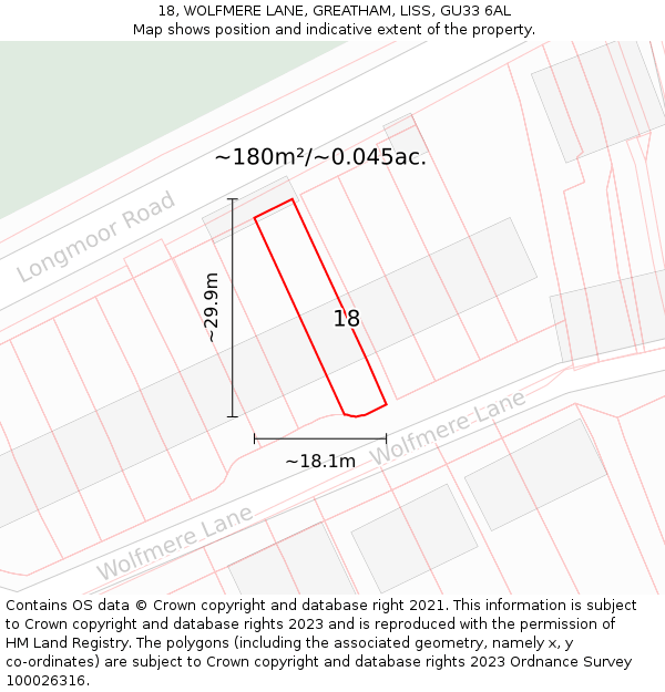 18, WOLFMERE LANE, GREATHAM, LISS, GU33 6AL: Plot and title map