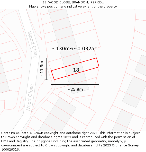 18, WOOD CLOSE, BRANDON, IP27 0DU: Plot and title map