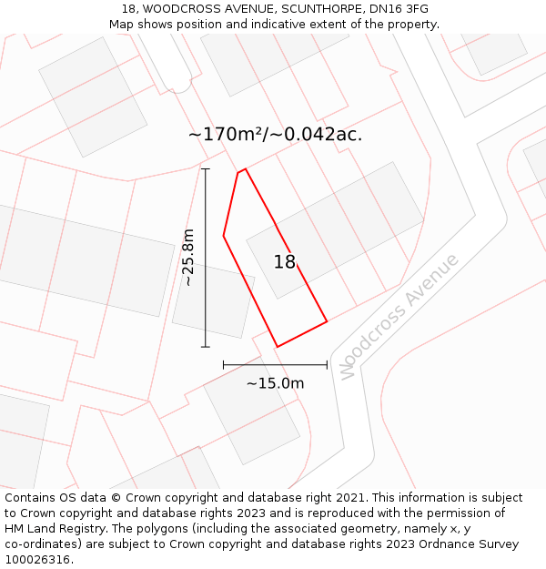 18, WOODCROSS AVENUE, SCUNTHORPE, DN16 3FG: Plot and title map