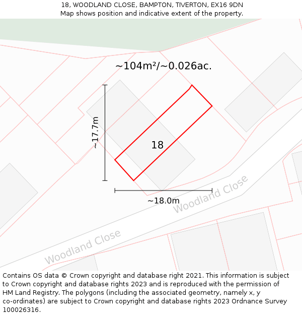 18, WOODLAND CLOSE, BAMPTON, TIVERTON, EX16 9DN: Plot and title map