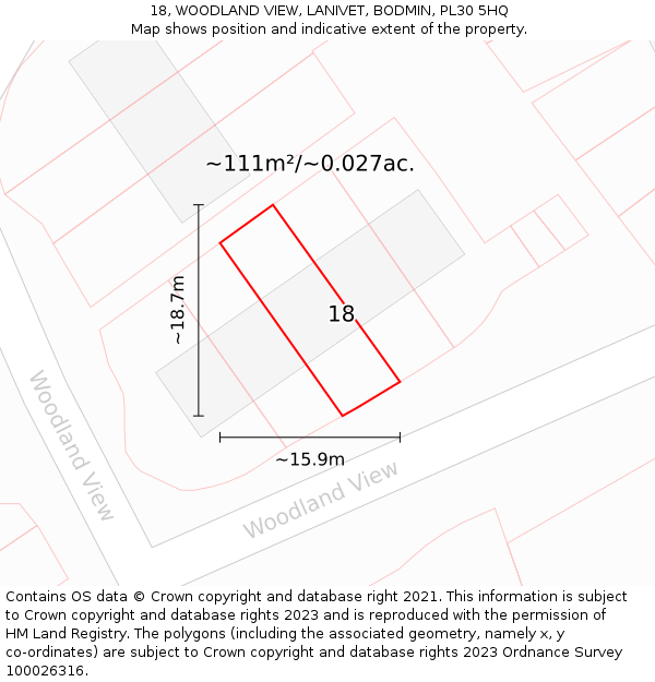 18, WOODLAND VIEW, LANIVET, BODMIN, PL30 5HQ: Plot and title map