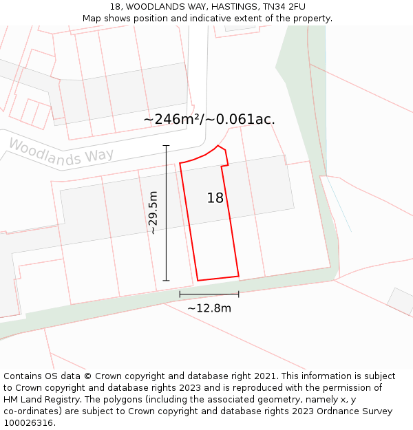 18, WOODLANDS WAY, HASTINGS, TN34 2FU: Plot and title map