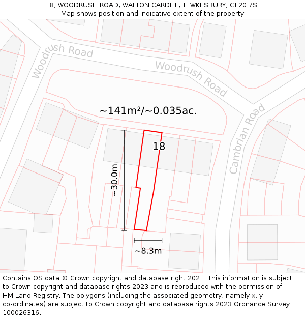 18, WOODRUSH ROAD, WALTON CARDIFF, TEWKESBURY, GL20 7SF: Plot and title map