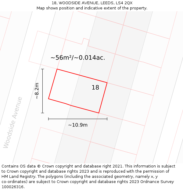 18, WOODSIDE AVENUE, LEEDS, LS4 2QX: Plot and title map
