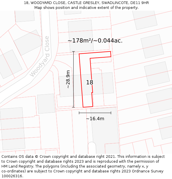 18, WOODYARD CLOSE, CASTLE GRESLEY, SWADLINCOTE, DE11 9HR: Plot and title map