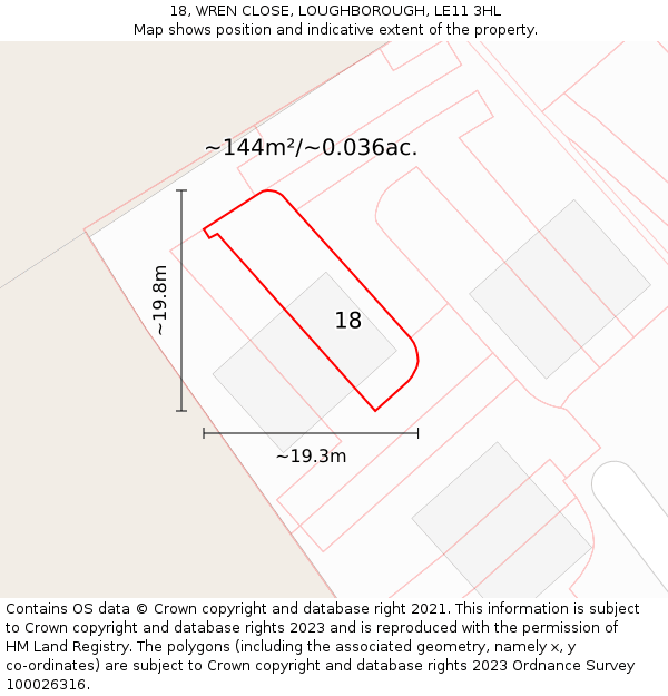 18, WREN CLOSE, LOUGHBOROUGH, LE11 3HL: Plot and title map