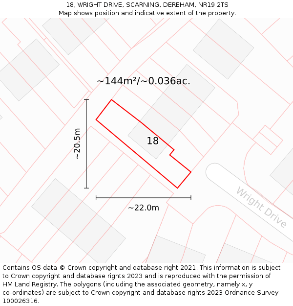 18, WRIGHT DRIVE, SCARNING, DEREHAM, NR19 2TS: Plot and title map