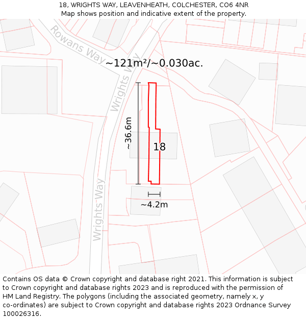 18, WRIGHTS WAY, LEAVENHEATH, COLCHESTER, CO6 4NR: Plot and title map