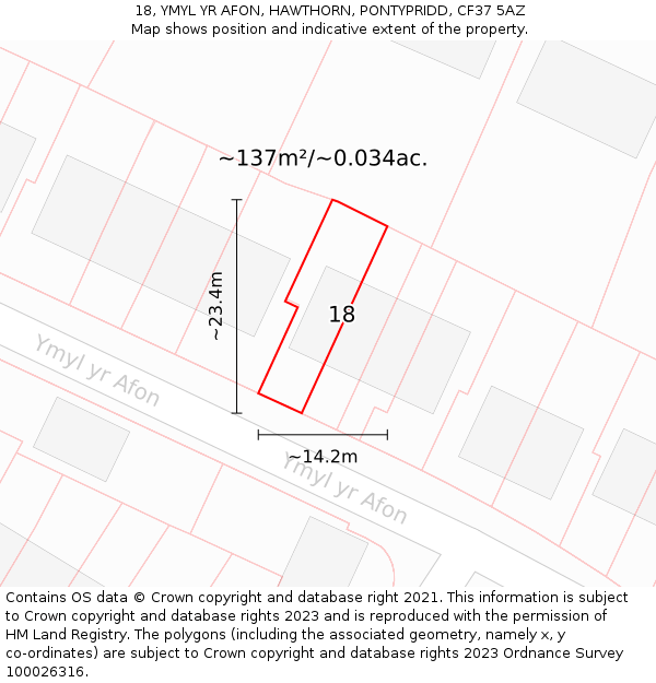 18, YMYL YR AFON, HAWTHORN, PONTYPRIDD, CF37 5AZ: Plot and title map