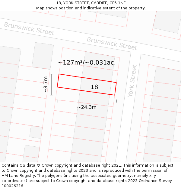 18, YORK STREET, CARDIFF, CF5 1NE: Plot and title map
