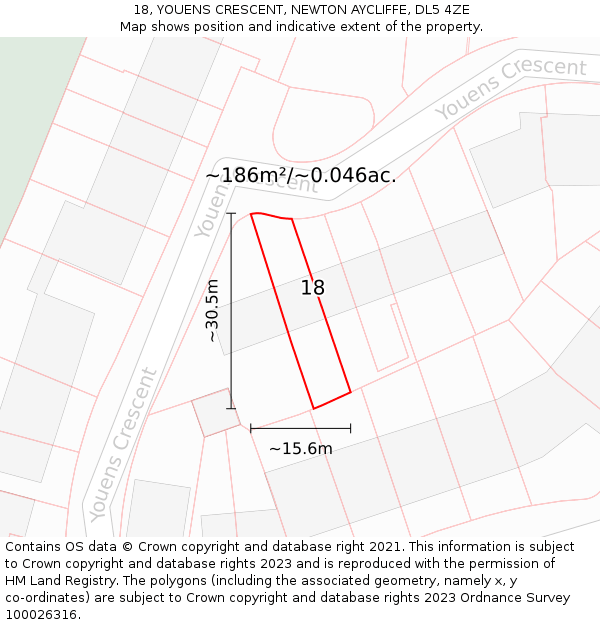 18, YOUENS CRESCENT, NEWTON AYCLIFFE, DL5 4ZE: Plot and title map
