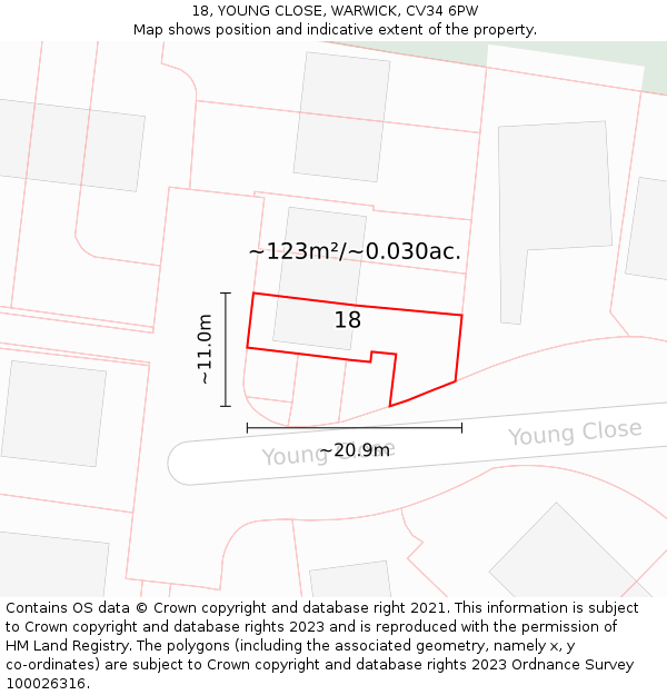 18, YOUNG CLOSE, WARWICK, CV34 6PW: Plot and title map