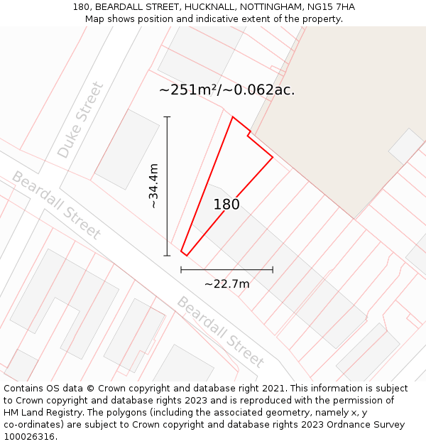 180, BEARDALL STREET, HUCKNALL, NOTTINGHAM, NG15 7HA: Plot and title map