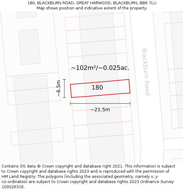 180, BLACKBURN ROAD, GREAT HARWOOD, BLACKBURN, BB6 7LU: Plot and title map