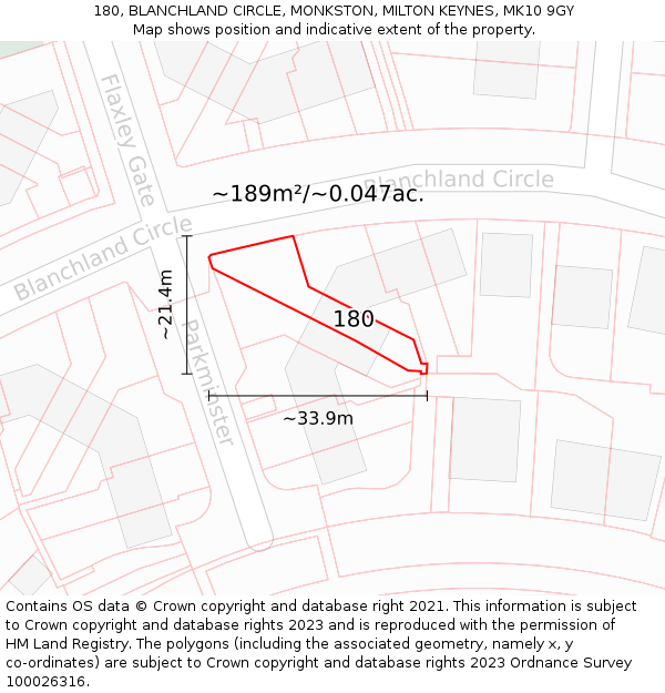 180, BLANCHLAND CIRCLE, MONKSTON, MILTON KEYNES, MK10 9GY: Plot and title map