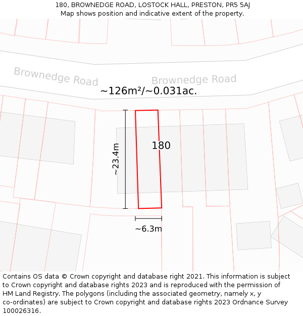 180, BROWNEDGE ROAD, LOSTOCK HALL, PRESTON, PR5 5AJ: Plot and title map