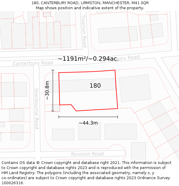 180, CANTERBURY ROAD, URMSTON, MANCHESTER, M41 0QR: Plot and title map