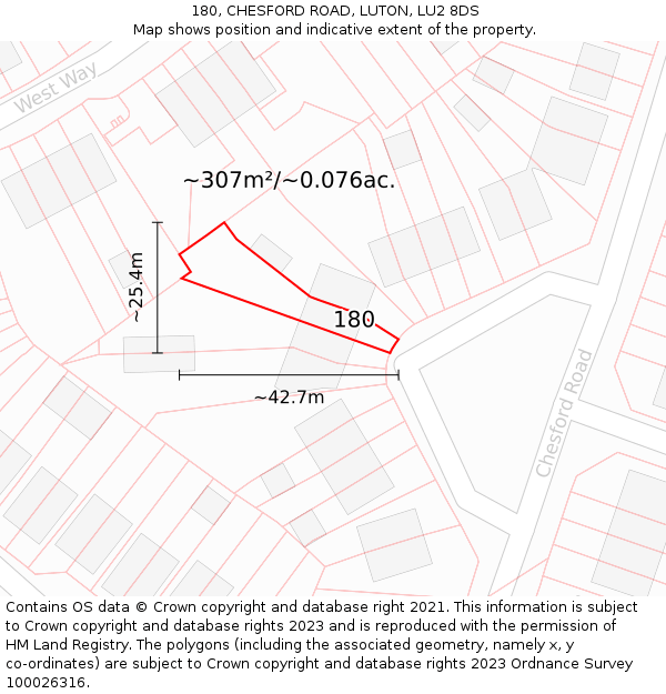 180, CHESFORD ROAD, LUTON, LU2 8DS: Plot and title map