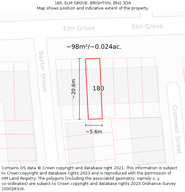180, ELM GROVE, BRIGHTON, BN2 3DA: Plot and title map
