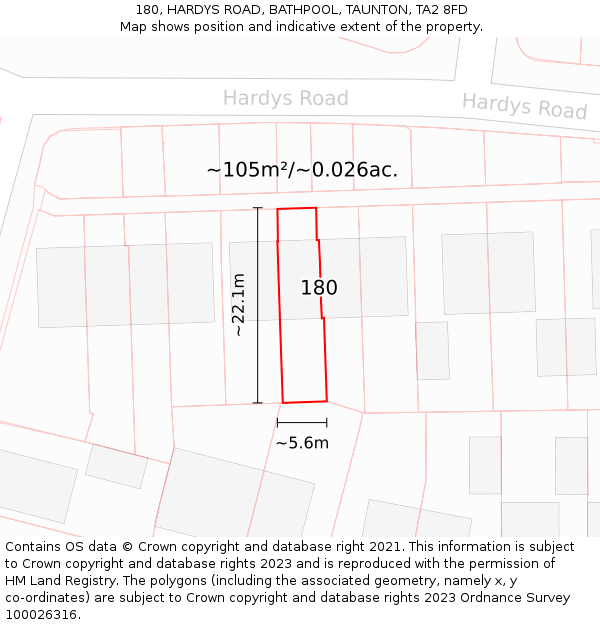 180, HARDYS ROAD, BATHPOOL, TAUNTON, TA2 8FD: Plot and title map