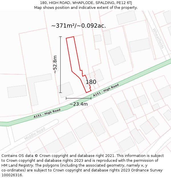 180, HIGH ROAD, WHAPLODE, SPALDING, PE12 6TJ: Plot and title map