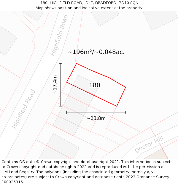 180, HIGHFIELD ROAD, IDLE, BRADFORD, BD10 8QN: Plot and title map