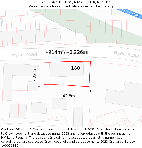 180, HYDE ROAD, DENTON, MANCHESTER, M34 3DN: Plot and title map