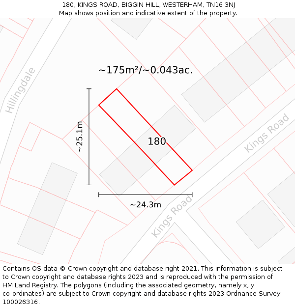 180, KINGS ROAD, BIGGIN HILL, WESTERHAM, TN16 3NJ: Plot and title map