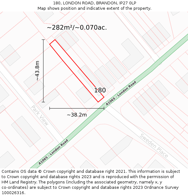 180, LONDON ROAD, BRANDON, IP27 0LP: Plot and title map