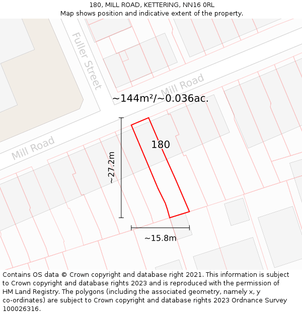 180, MILL ROAD, KETTERING, NN16 0RL: Plot and title map