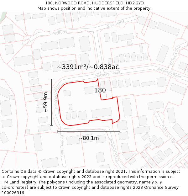 180, NORWOOD ROAD, HUDDERSFIELD, HD2 2YD: Plot and title map