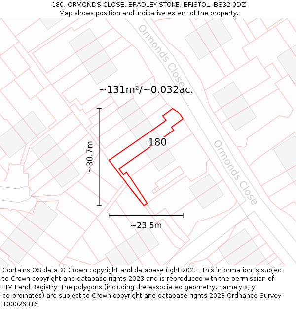 180, ORMONDS CLOSE, BRADLEY STOKE, BRISTOL, BS32 0DZ: Plot and title map