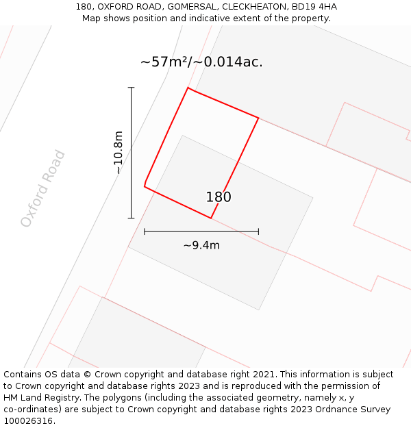 180, OXFORD ROAD, GOMERSAL, CLECKHEATON, BD19 4HA: Plot and title map