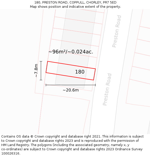 180, PRESTON ROAD, COPPULL, CHORLEY, PR7 5ED: Plot and title map