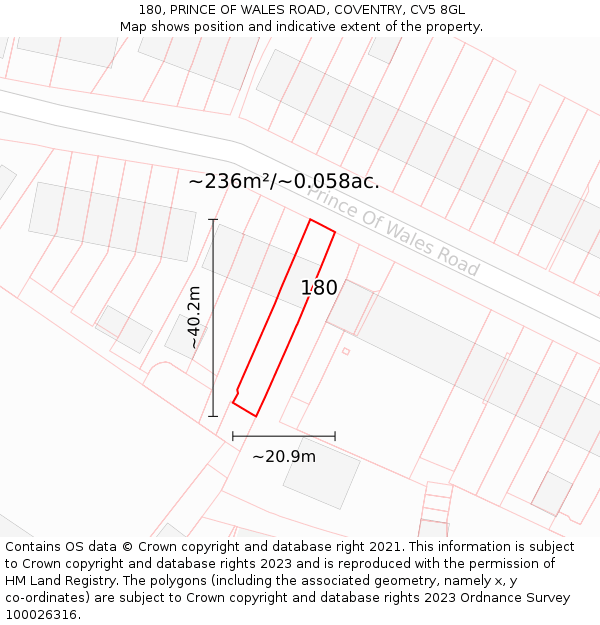 180, PRINCE OF WALES ROAD, COVENTRY, CV5 8GL: Plot and title map