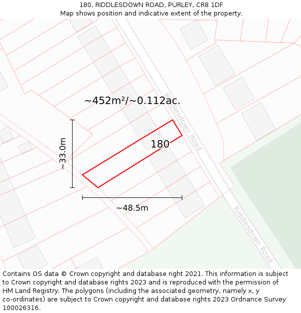 180, RIDDLESDOWN ROAD, PURLEY, CR8 1DF: Plot and title map