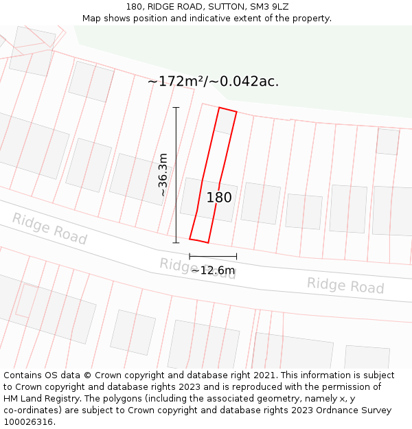 180, RIDGE ROAD, SUTTON, SM3 9LZ: Plot and title map