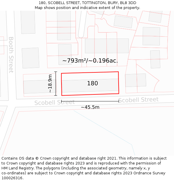 180, SCOBELL STREET, TOTTINGTON, BURY, BL8 3DD: Plot and title map