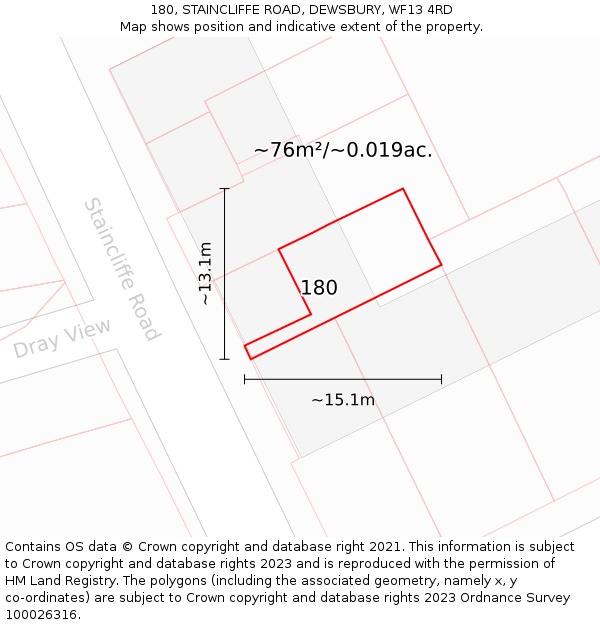 180, STAINCLIFFE ROAD, DEWSBURY, WF13 4RD: Plot and title map