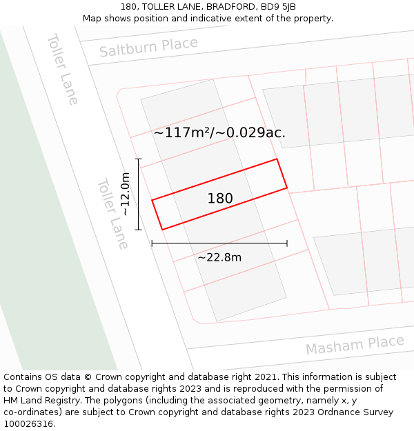 180, TOLLER LANE, BRADFORD, BD9 5JB: Plot and title map